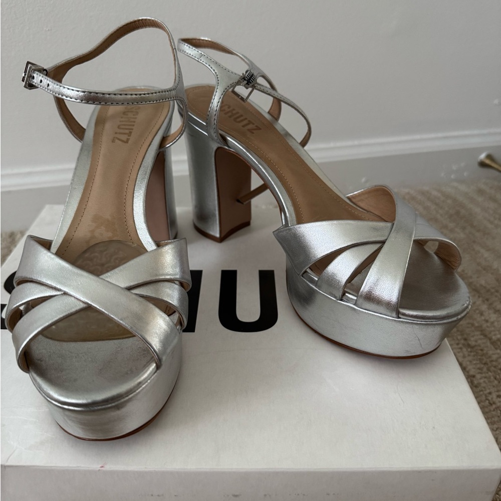SCHUTZ Silver Platform Strappy Sandals